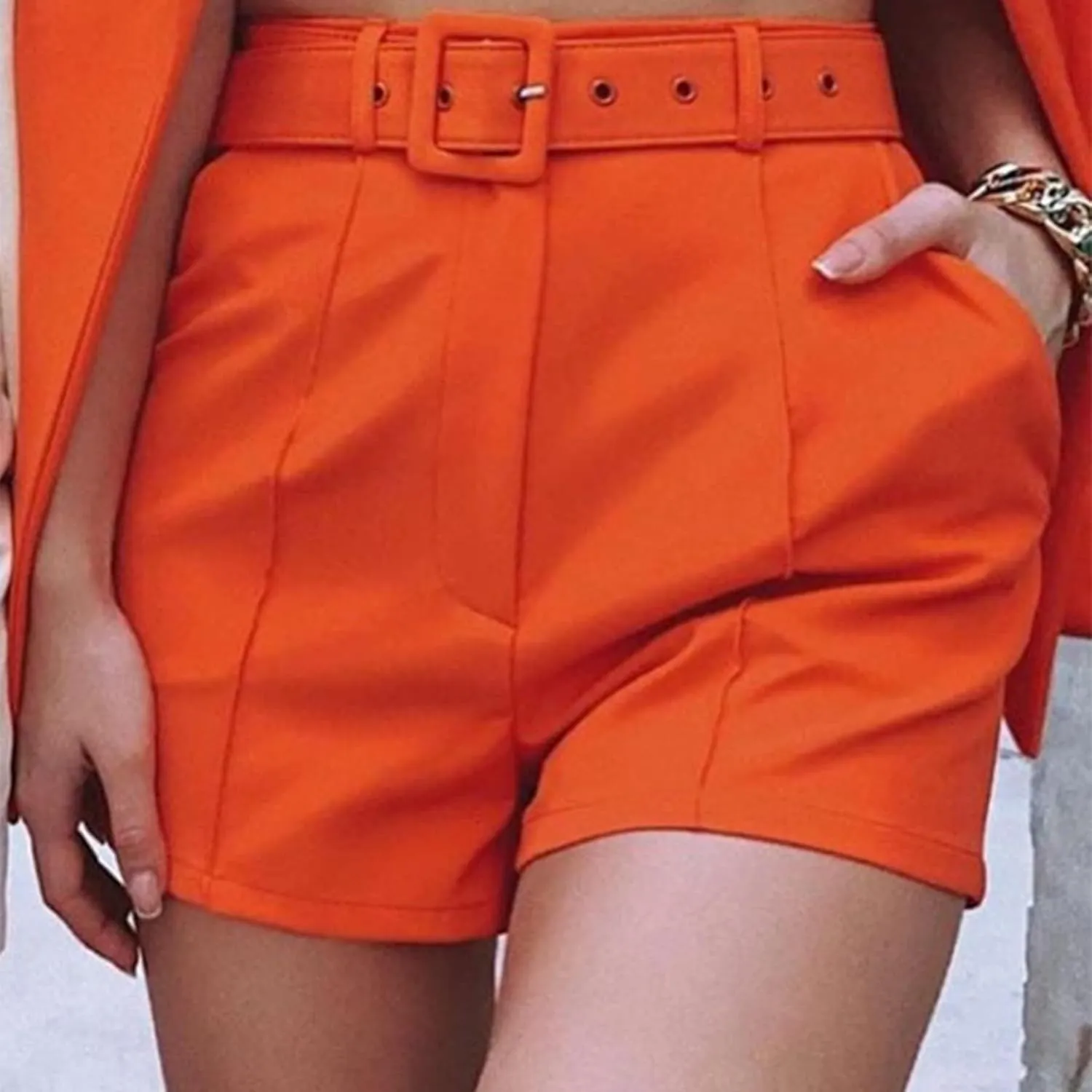 2 Piece Outfits for Women Long Sleeve Solid Open Front Blazer Shorts with Belt Casual Elegant Business Suit Sets