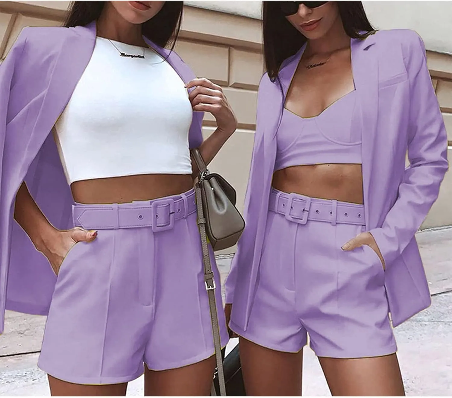 2 Piece Outfits for Women Long Sleeve Solid Open Front Blazer Shorts with Belt Casual Elegant Business Suit Sets