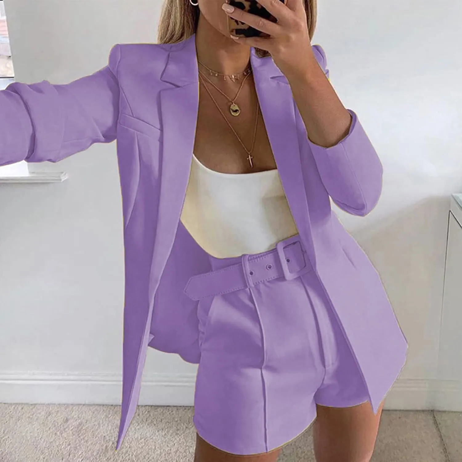2 Piece Outfits for Women Long Sleeve Solid Open Front Blazer Shorts with Belt Casual Elegant Business Suit Sets
