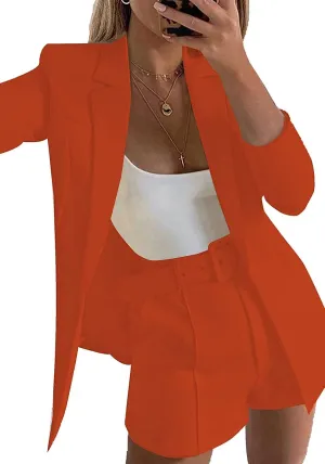2 Piece Outfits for Women Long Sleeve Solid Open Front Blazer Shorts with Belt Casual Elegant Business Suit Sets