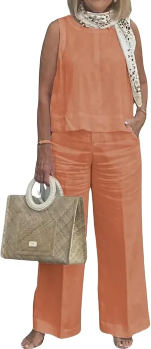 2 Piece Outfits for Women Summer Cotton Linen Sets Sleeveless Tank Tops and Wide Leg Pants Lounge Sets with Pockets