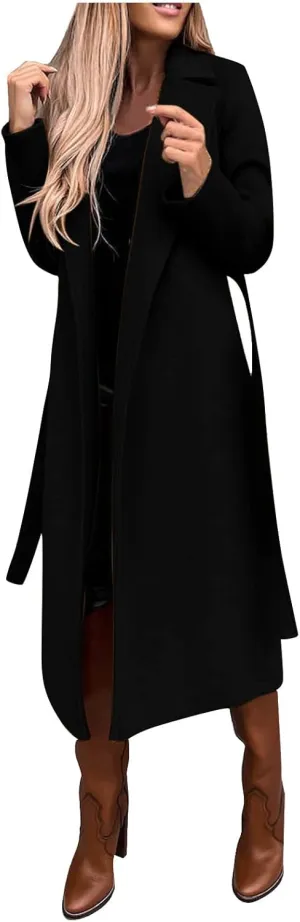 2024 New Trench Coat Womens Women's Faux Wool Long Jackets Vintage Lapel Windbreaker Fall and Winter Open Front Cardigan