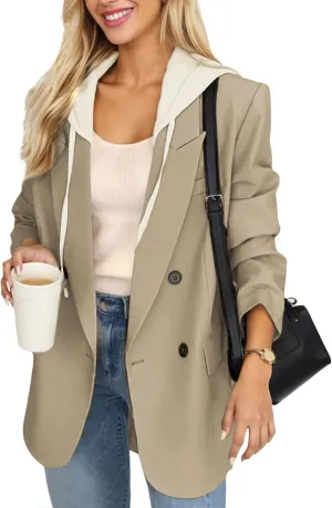 2025 Women's Spring Hooded Blazer Jacket Double-Breasted Oversize Loose Fully-Lined Work Office Suit with Pockets