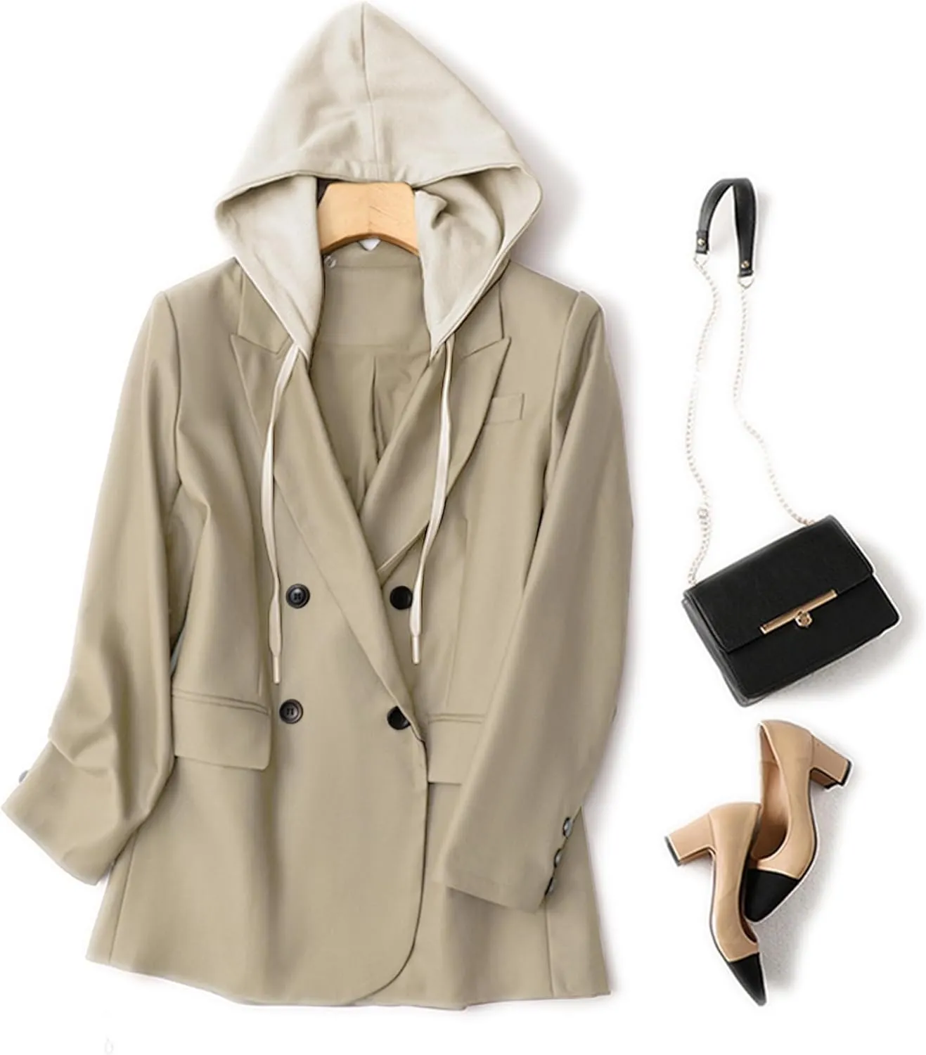 2025 Women's Spring Hooded Blazer Jacket Double-Breasted Oversize Loose Fully-Lined Work Office Suit with Pockets