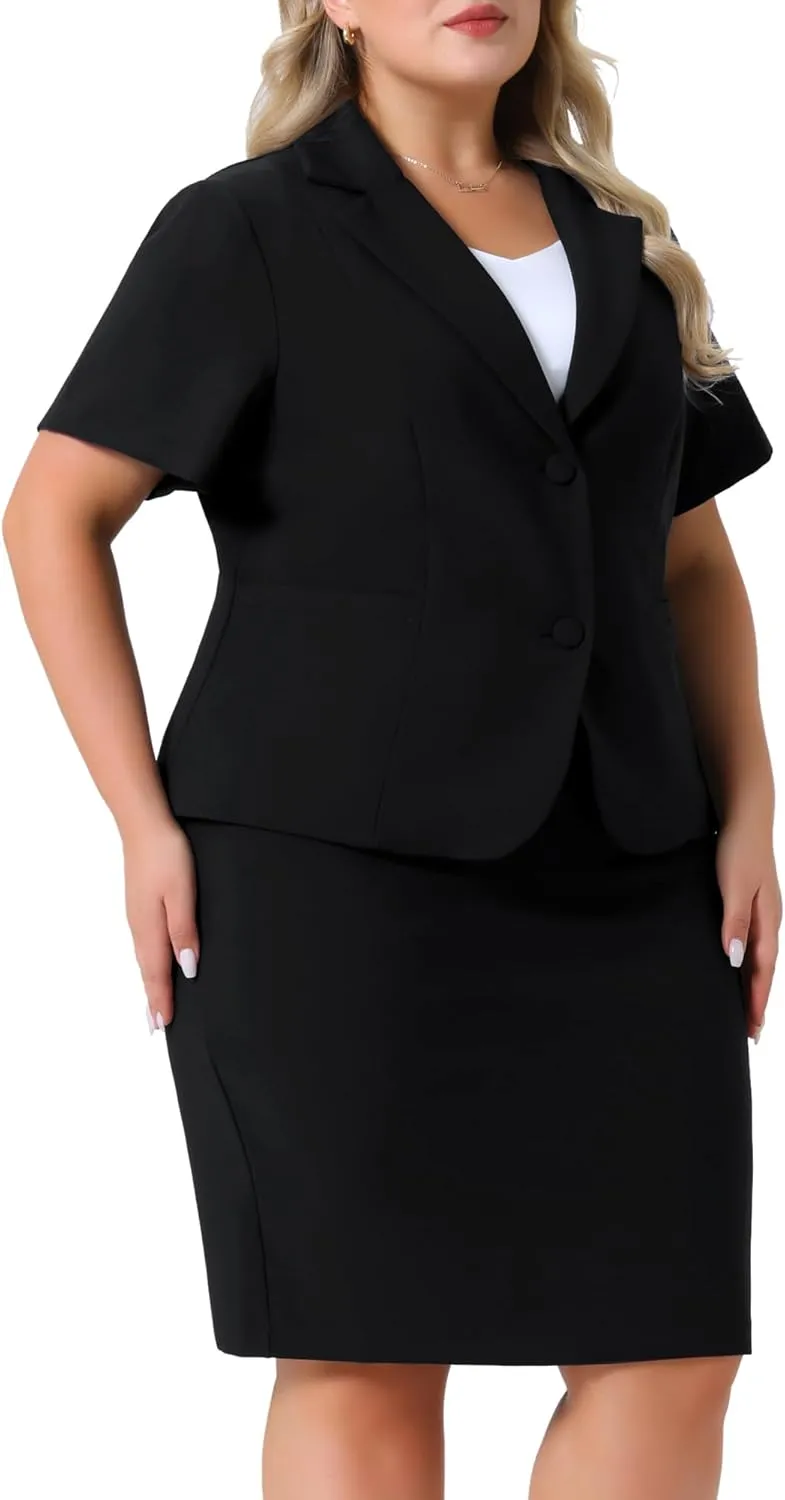 Agnes Orinda Plus Size Women Blazer Suits Notch Lapel Short Sleeve Office Pencil Skirt Business Skirt Set