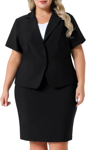 Agnes Orinda Plus Size Women Blazer Suits Notch Lapel Short Sleeve Office Pencil Skirt Business Skirt Set
