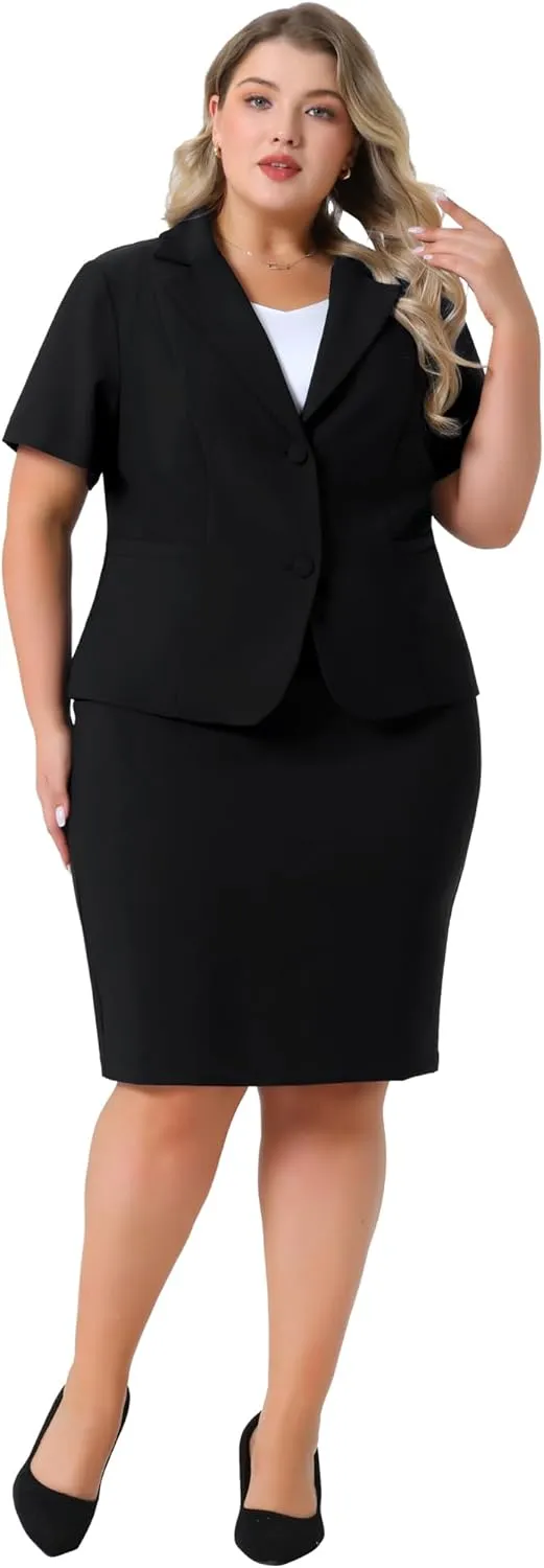 Agnes Orinda Plus Size Women Blazer Suits Notch Lapel Short Sleeve Office Pencil Skirt Business Skirt Set