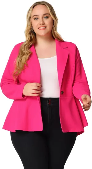 Agnes Orinda Women's Plus Size Blazer Notch Panel V Neck Ruffle Button Work Office Suit Jackets Peplum Blazers