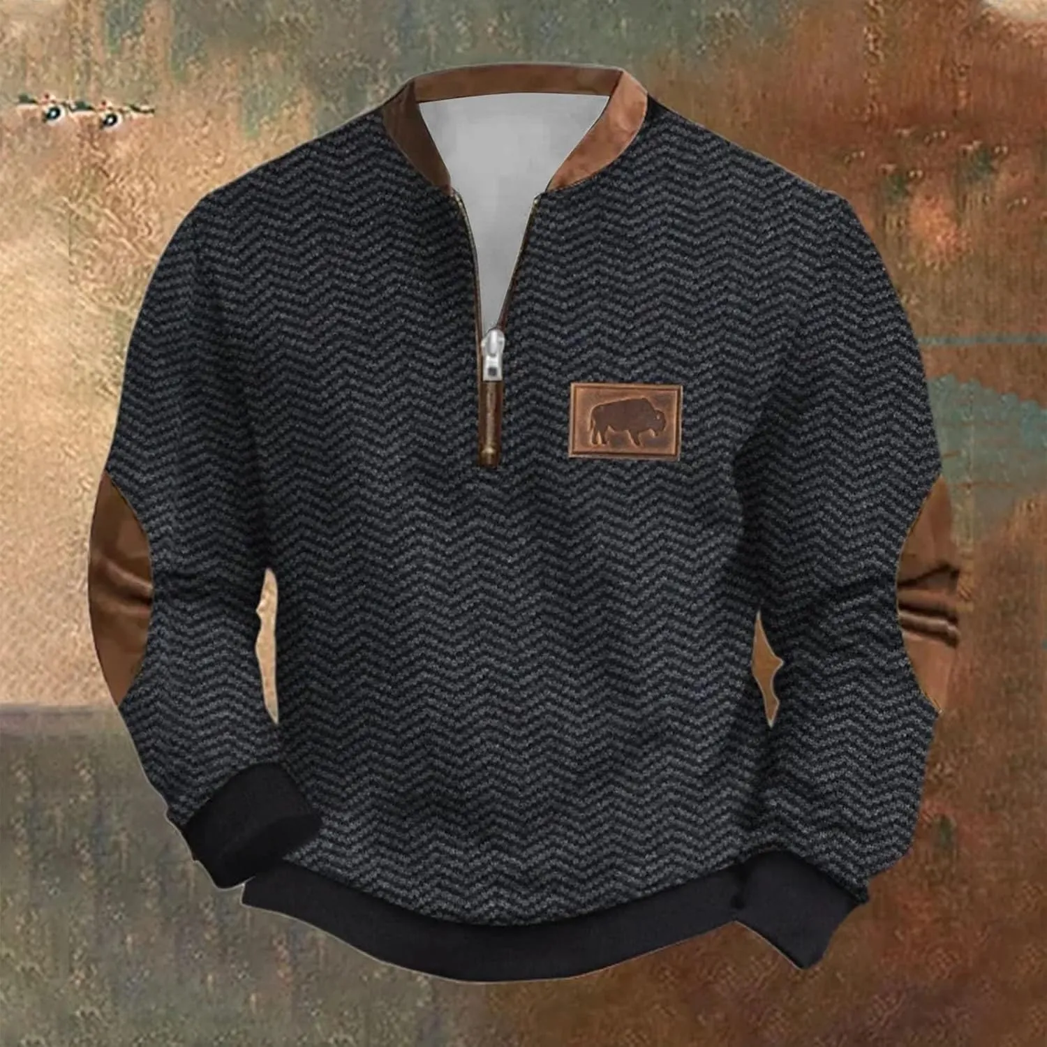 Alalaso Men's Sweatshirt Casual Long Sleeve Corduroy Shirt Casual Long Sleeve Stand Collar Sweater Shirts with Elbow Patches