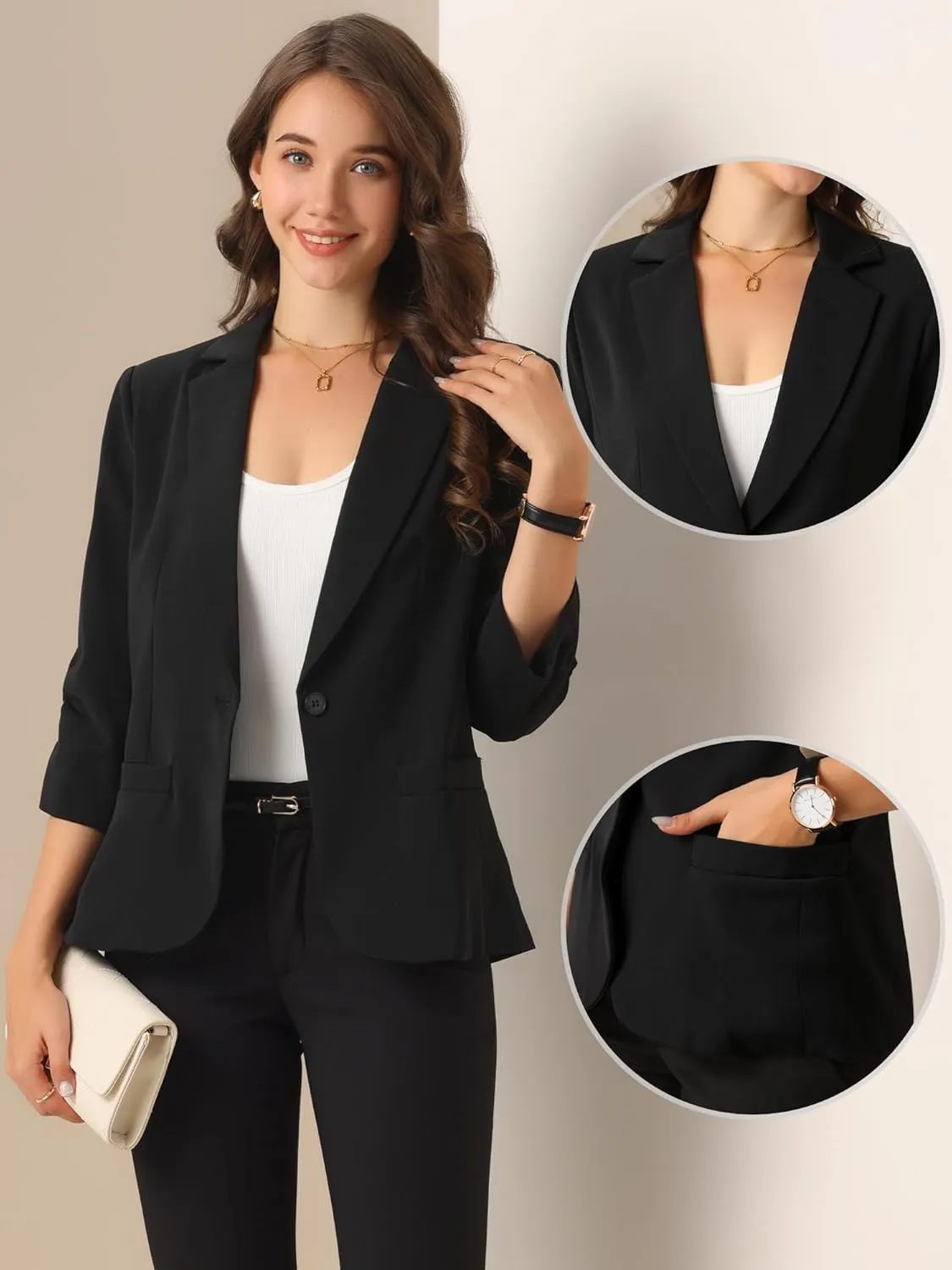 Allegra K Blazers for Women's Open Front Casual Outfits Work Office Suit Jackets Ruched 3/4 Sleeve Blazer
