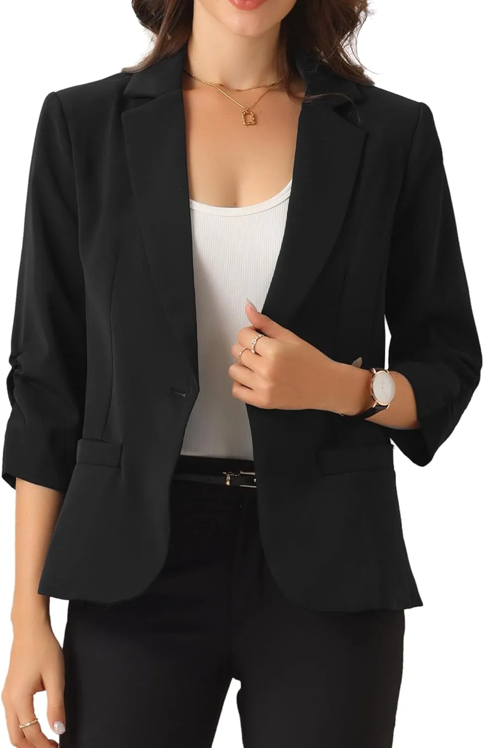 Allegra K Blazers for Women's Open Front Casual Outfits Work Office Suit Jackets Ruched 3/4 Sleeve Blazer