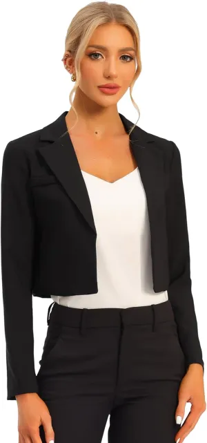 Allegra K Women's Lapel Collar Open Front Cardigan Office Work Business Casual Cropped Blazer Jacket