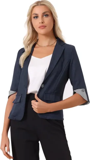 Allegra K Women's Suit Jacket Notched Lapel Collar 3/4 Sleeve Button Front Work Formal Blazer