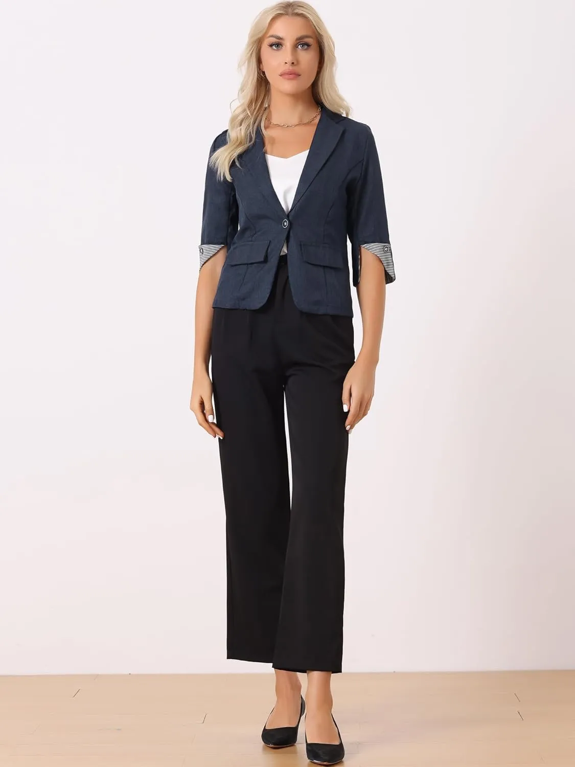 Allegra K Women's Suit Jacket Notched Lapel Collar 3/4 Sleeve Button Front Work Formal Blazer