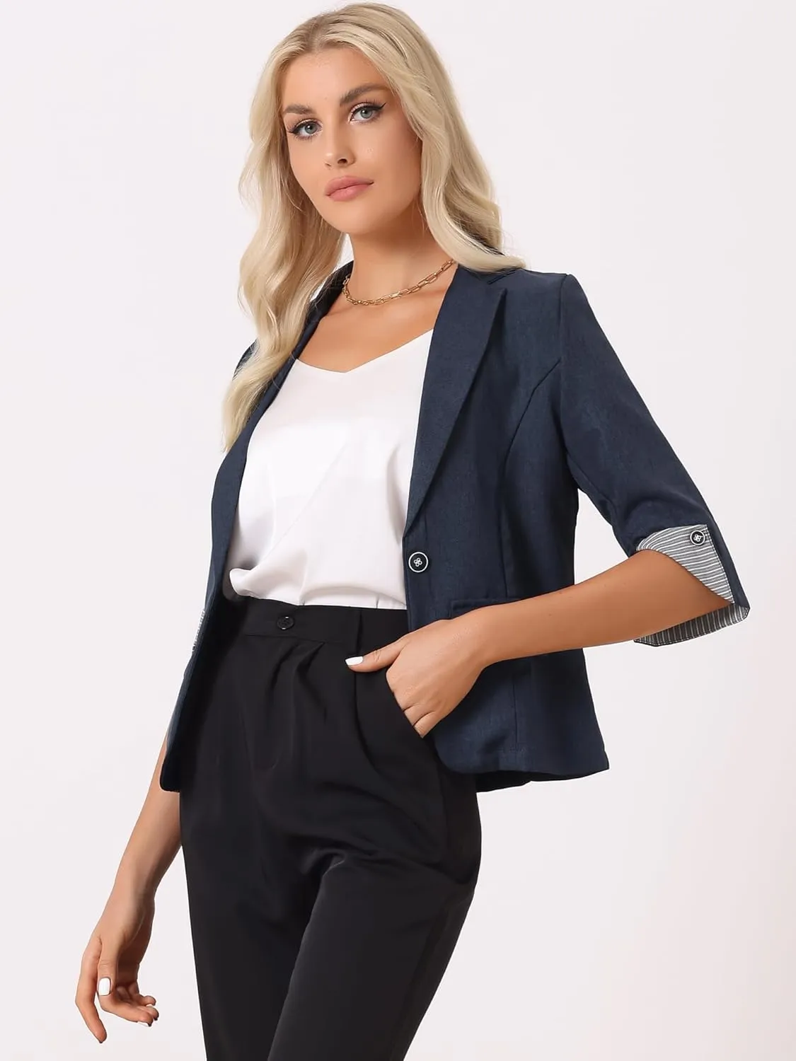 Allegra K Women's Suit Jacket Notched Lapel Collar 3/4 Sleeve Button Front Work Formal Blazer