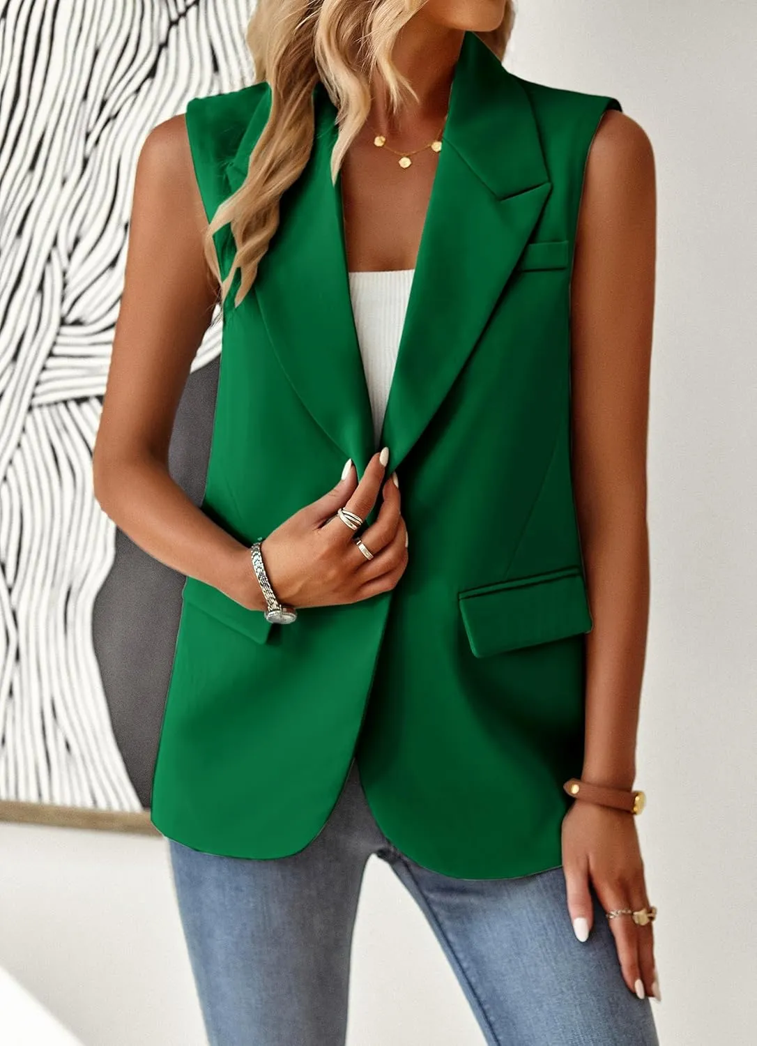 ALSOGO Women Sleeveless Blazer Vest Casual Open Front V Neck Fully-Lined Work Office Summer Jacket with Pockets Fashion 2025