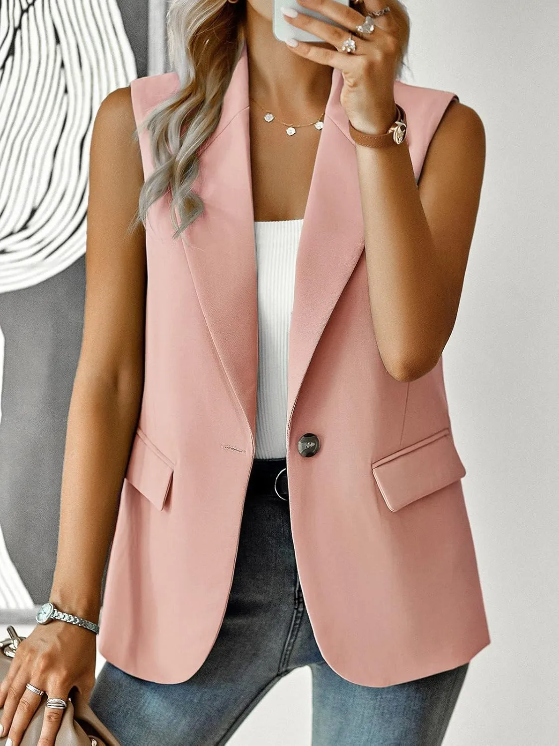 ALSOGO Women Sleeveless Blazer Vest Casual Open Front V Neck Fully-Lined Work Office Summer Jacket with Pockets Fashion 2025