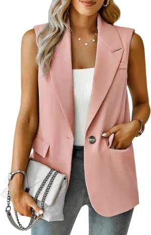 ALSOGO Women Sleeveless Blazer Vest Casual Open Front V Neck Fully-Lined Work Office Summer Jacket with Pockets Fashion 2025