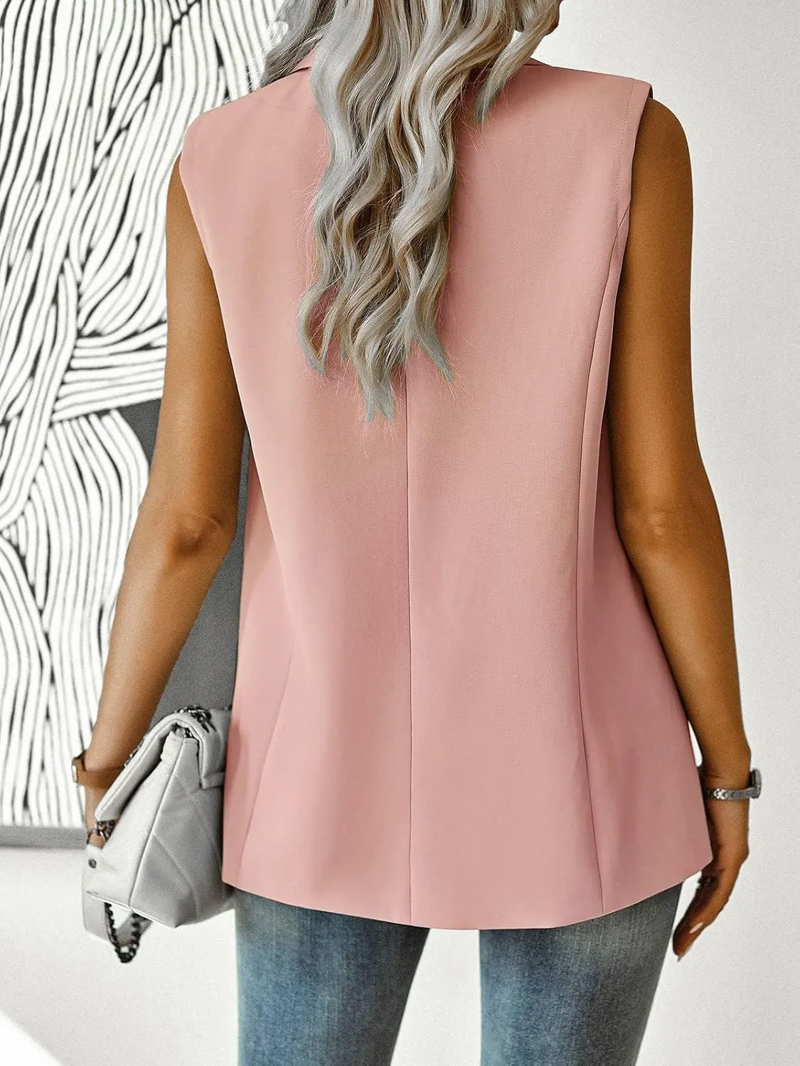 ALSOGO Women Sleeveless Blazer Vest Casual Open Front V Neck Fully-Lined Work Office Summer Jacket with Pockets Fashion 2025
