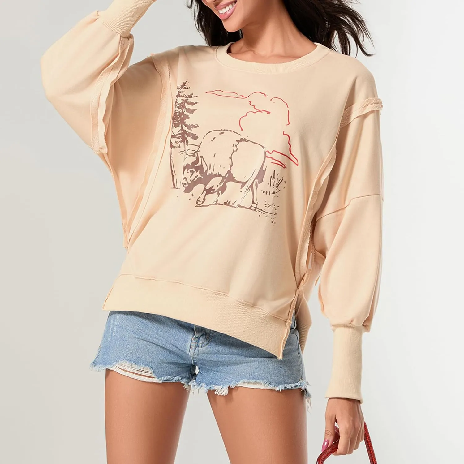 Amiblvowa Women Y2K Oversized Vintage Graphic Sweatshirt Long Sleeve Crewneck Relaxed Sweater Jacket Loose Fit Pullover Tops