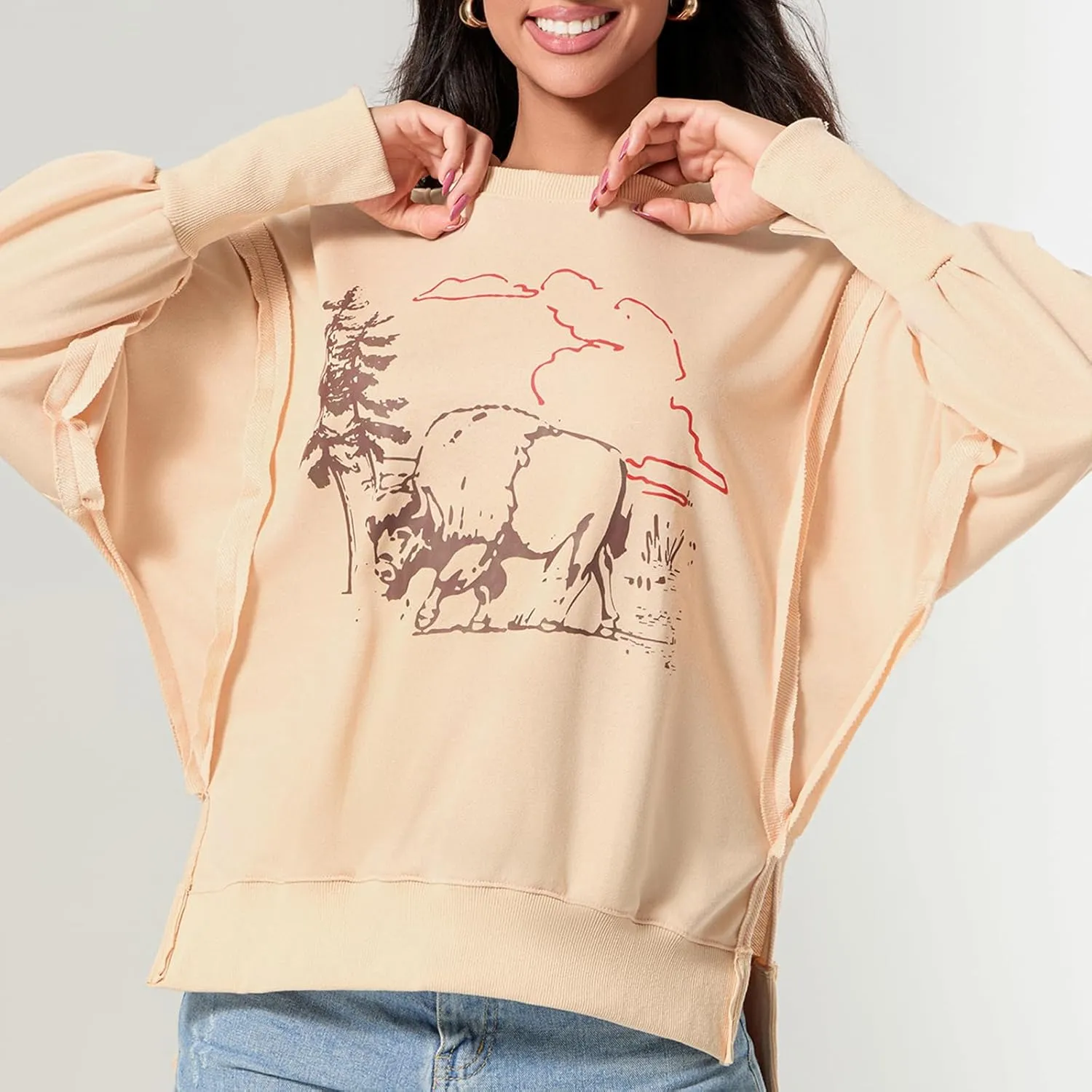 Amiblvowa Women Y2K Oversized Vintage Graphic Sweatshirt Long Sleeve Crewneck Relaxed Sweater Jacket Loose Fit Pullover Tops