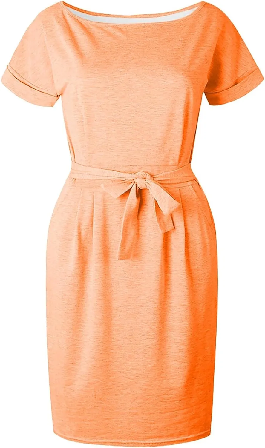 Aniywn Women's Summer Elegant Striped Short Sleeve T Shirt Dress Casual Tie Waist Slim Fit Midi Dress with Pockets