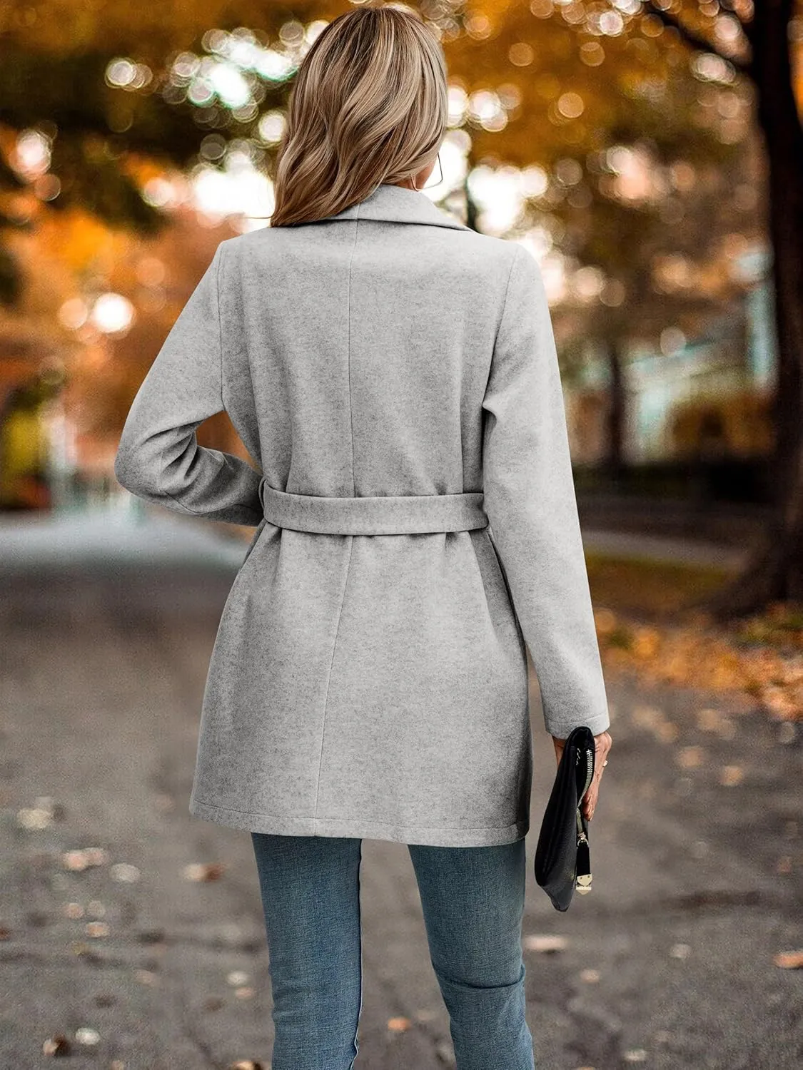 AOVDE Women's Winter Wool Coat: Classic Lapel Collar Jacket - Casual Mid-Long Open Front Blend Overcoat With Belt