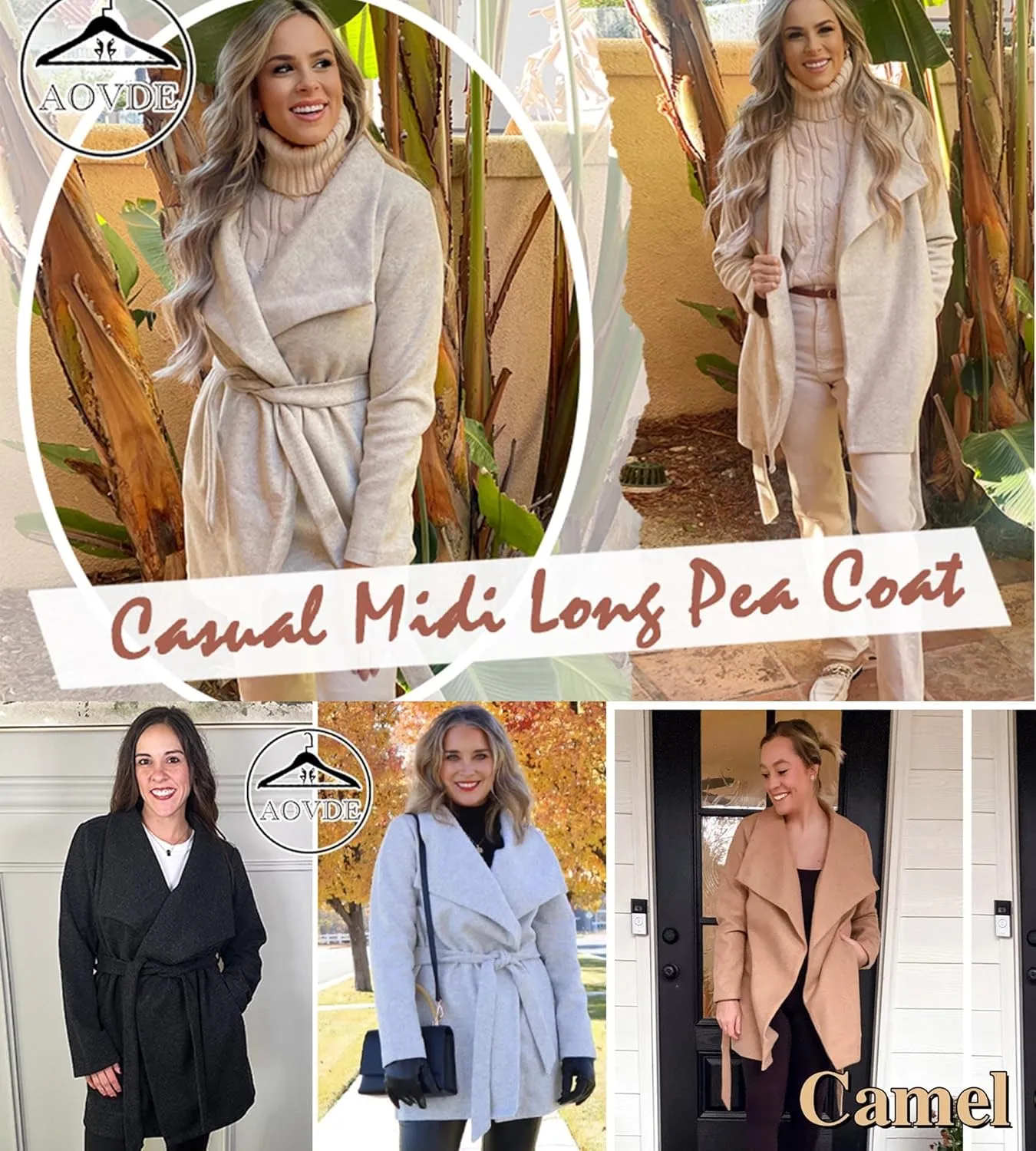 AOVDE Women's Winter Wool Coat: Classic Lapel Collar Jacket - Casual Mid-Long Open Front Blend Overcoat With Belt