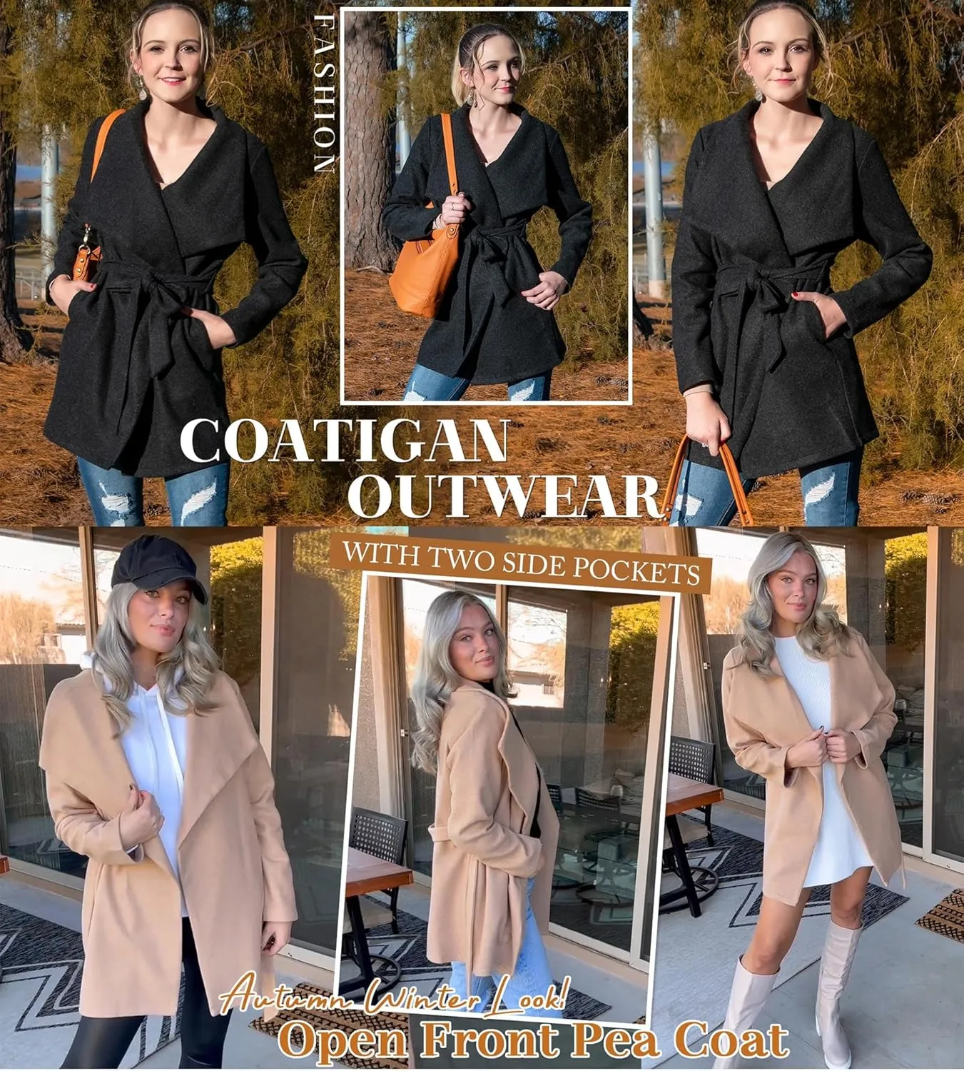 AOVDE Women's Winter Wool Coat: Classic Lapel Collar Jacket - Casual Mid-Long Open Front Blend Overcoat With Belt