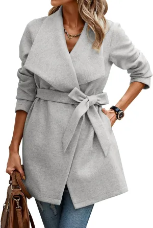 AOVDE Women's Winter Wool Coat: Classic Lapel Collar Jacket - Casual Mid-Long Open Front Blend Overcoat With Belt
