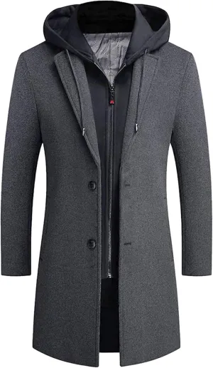 APTRO Men's Wool Trench Coat Winter Hoodie Coat Premium Business Wool Jacket