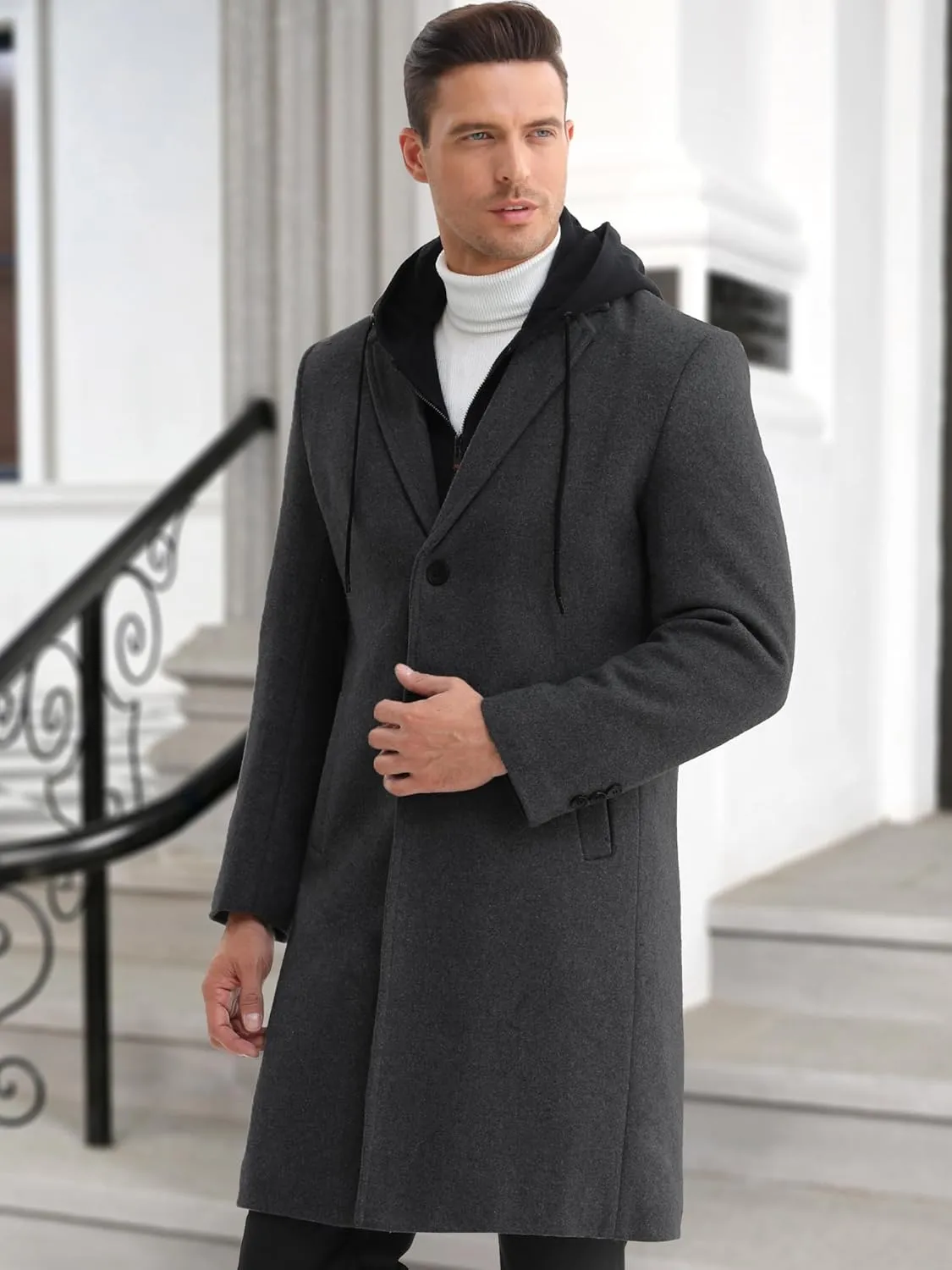 APTRO Men's Wool Trench Coat Winter Hoodie Coat Premium Business Wool Jacket
