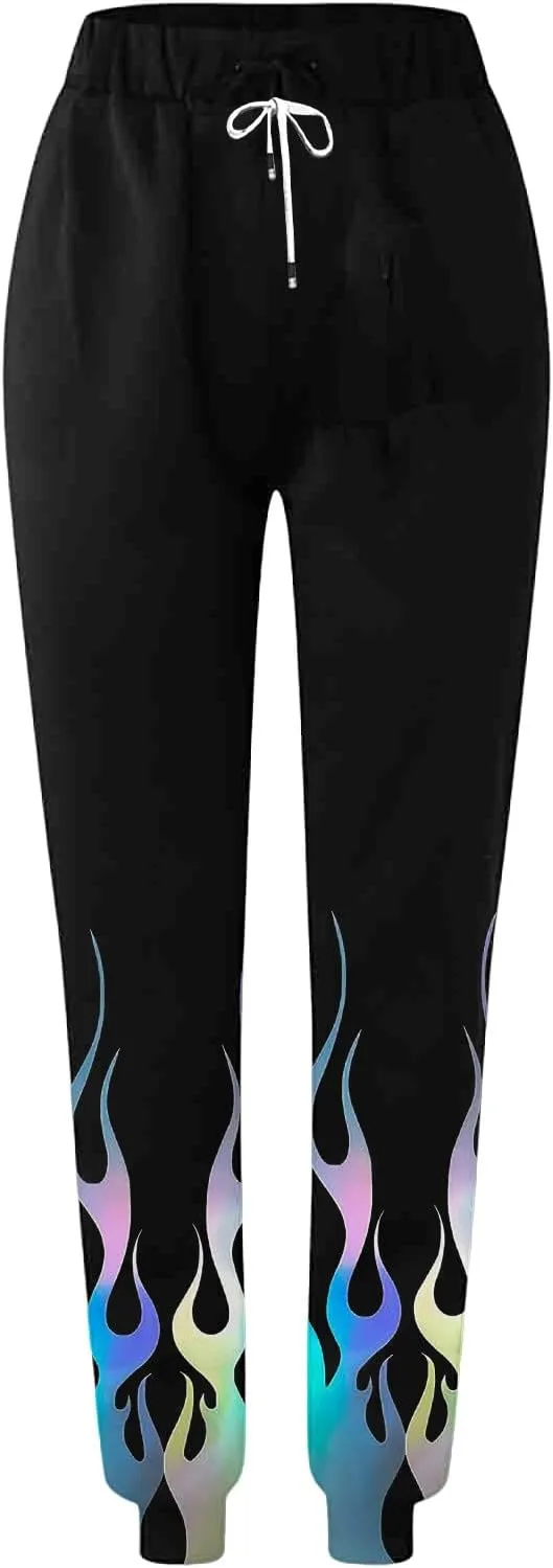 Athletic Pants Women Flame Printing Sweatpants Loose Trousers with Pockets High Waist Workout Running Jogger Pants