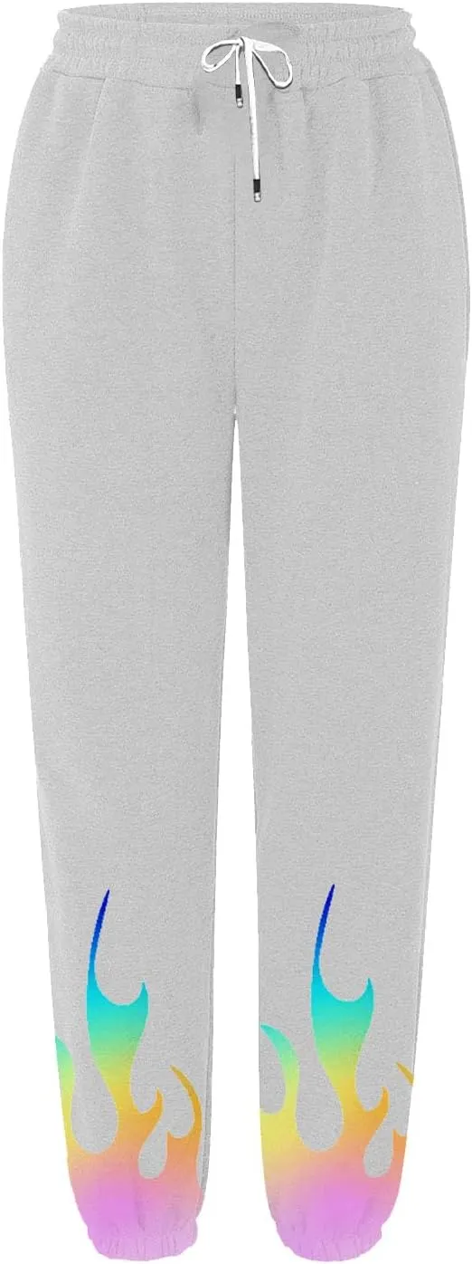 Athletic Pants Women Flame Printing Sweatpants Loose Trousers with Pockets High Waist Workout Running Jogger Pants