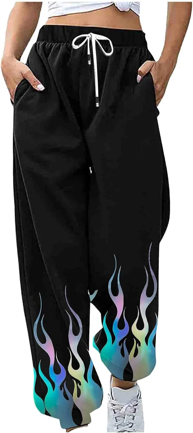 Athletic Pants Women Flame Printing Sweatpants Loose Trousers with Pockets High Waist Workout Running Jogger Pants