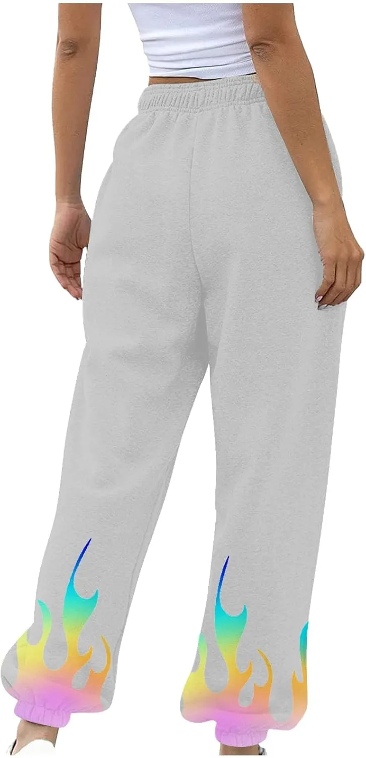 Athletic Pants Women Flame Printing Sweatpants Loose Trousers with Pockets High Waist Workout Running Jogger Pants