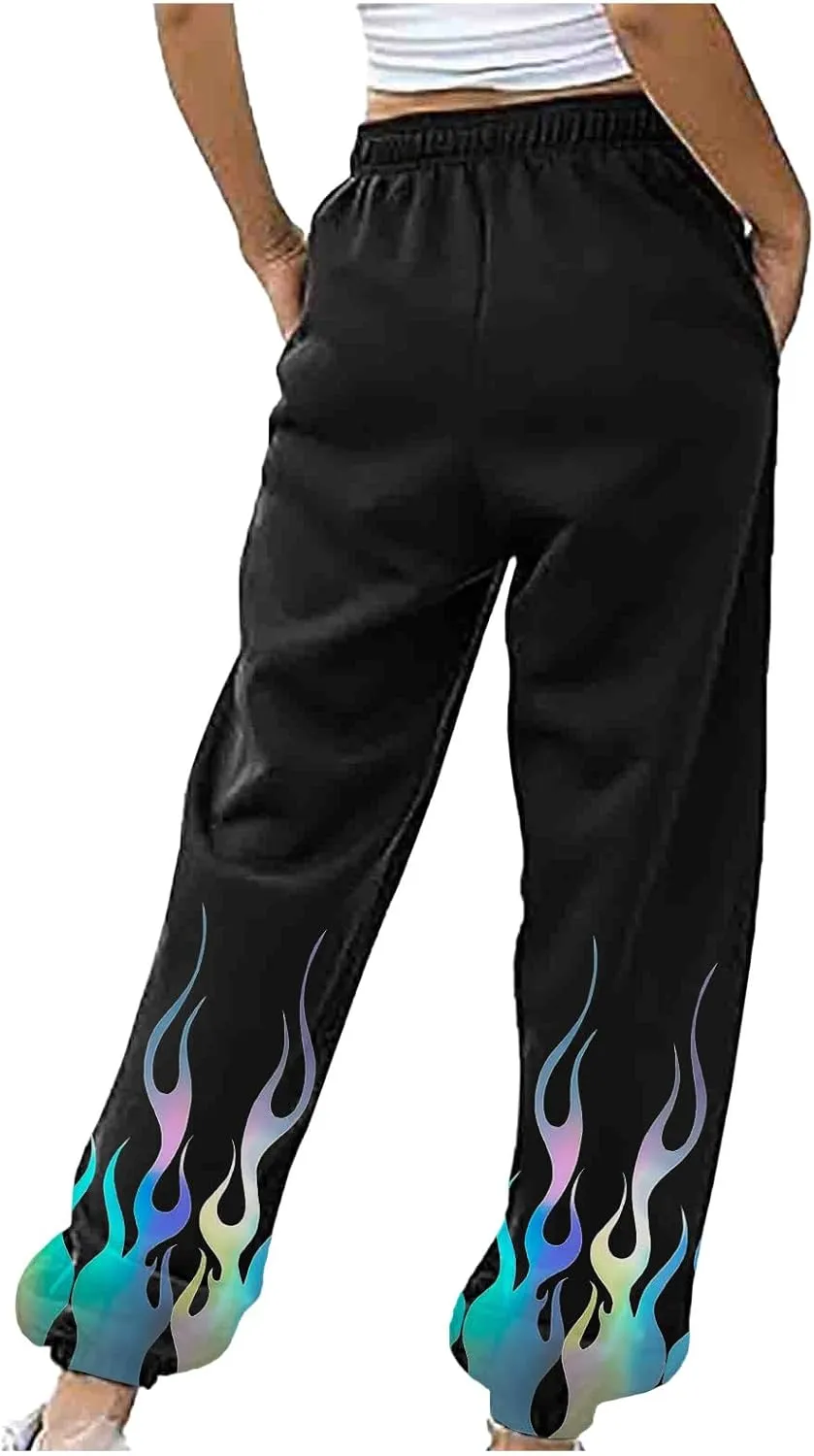 Athletic Pants Women Flame Printing Sweatpants Loose Trousers with Pockets High Waist Workout Running Jogger Pants
