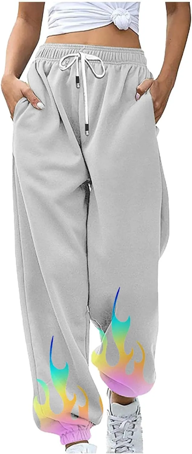 Athletic Pants Women Flame Printing Sweatpants Loose Trousers with Pockets High Waist Workout Running Jogger Pants