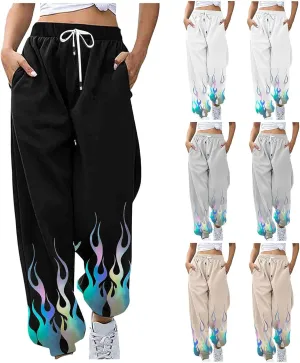 Athletic Pants Women Flame Printing Sweatpants Loose Trousers with Pockets High Waist Workout Running Jogger Pants