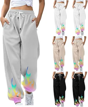 Athletic Pants Women Flame Printing Sweatpants Loose Trousers with Pockets High Waist Workout Running Jogger Pants