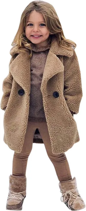 Baby Girls Faux Fur Jacket Long Teddy Coat Toddler Trench Coat Fuzzy Fleece Jacket Long Winter Coat Thicken Outerwear