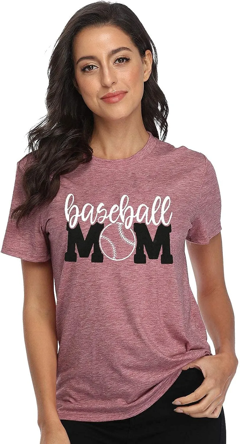 Baseball Mom Shirt Womens Mom Shirt Short Sleeve O-Neck Letter Print Casual Tops Tees
