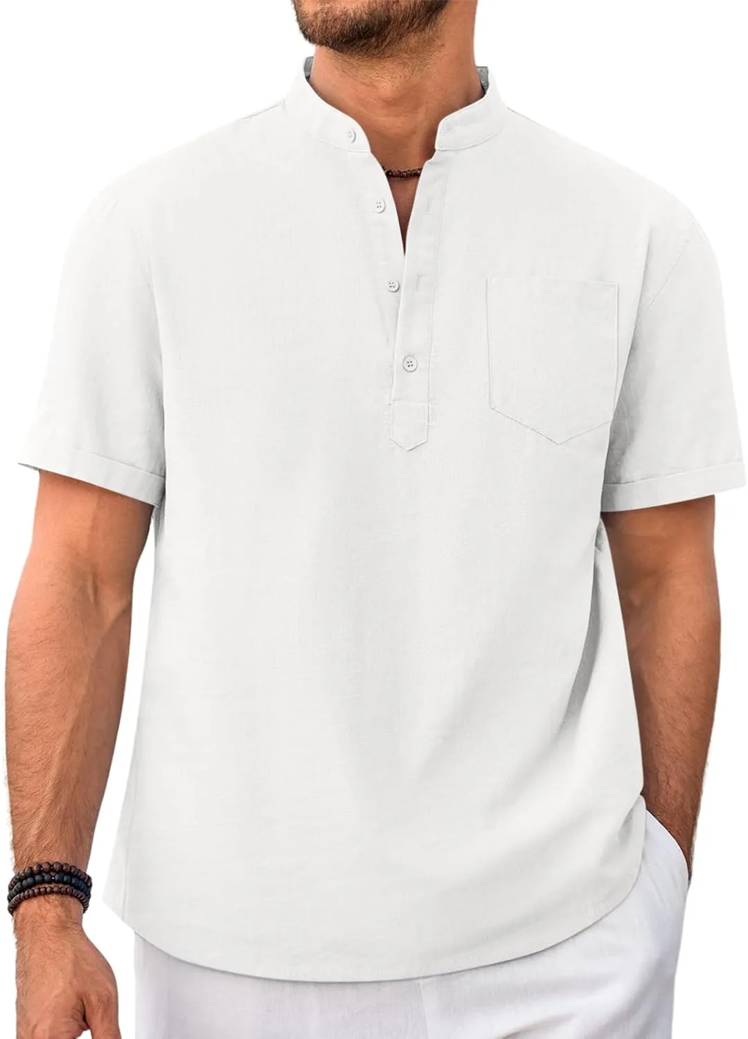 Beotyshow Men 100% Cotton Linen Henley Shirt Casual Short Sleeve Summer T Shirt Pocket Button Tee Top Beach Hippie Shirt
