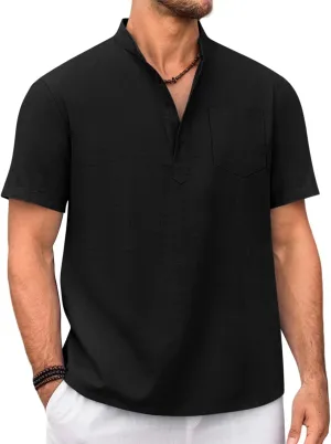 Beotyshow Men 100% Cotton Linen Henley Shirt Casual Short Sleeve Summer T Shirt Pocket Button Tee Top Beach Hippie Shirt