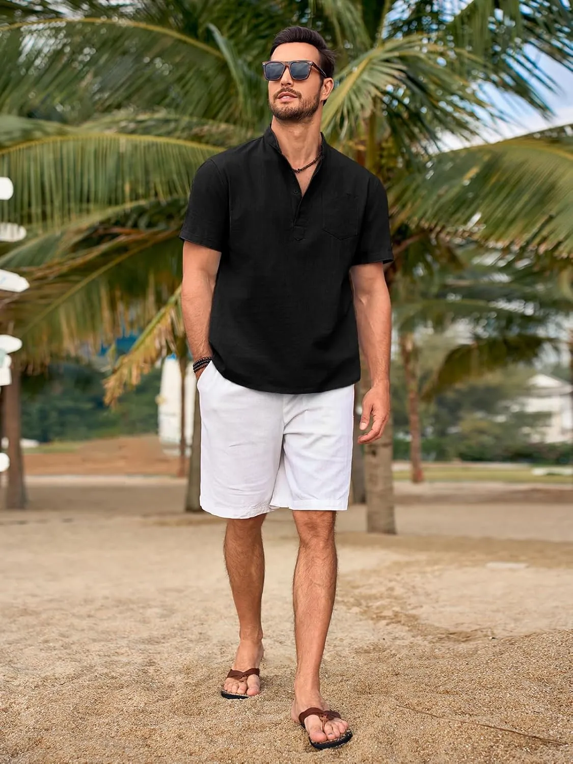 Beotyshow Men 100% Cotton Linen Henley Shirt Casual Short Sleeve Summer T Shirt Pocket Button Tee Top Beach Hippie Shirt