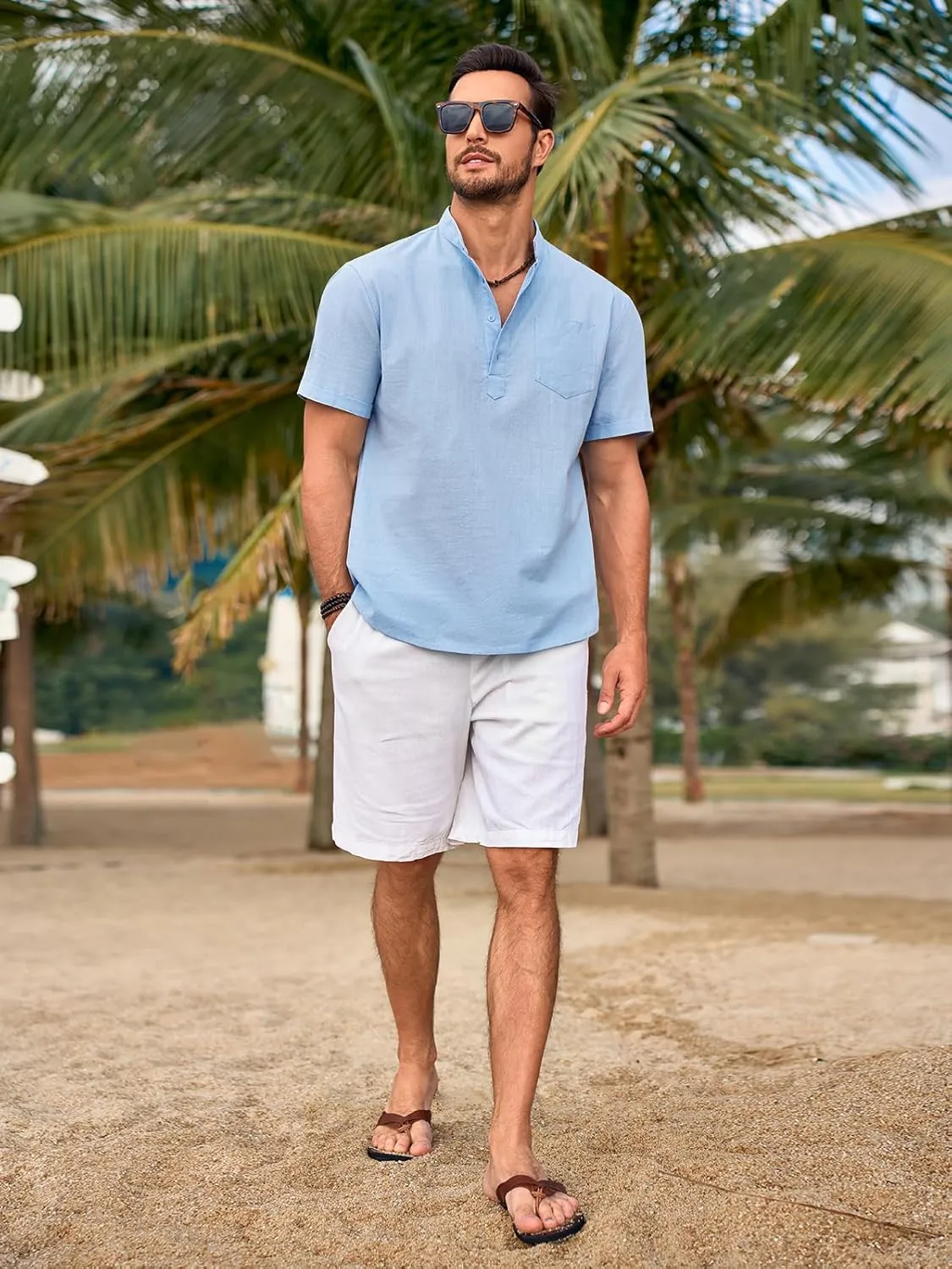 Beotyshow Men 100% Cotton Linen Henley Shirt Casual Short Sleeve Summer T Shirt Pocket Button Tee Top Beach Hippie Shirt