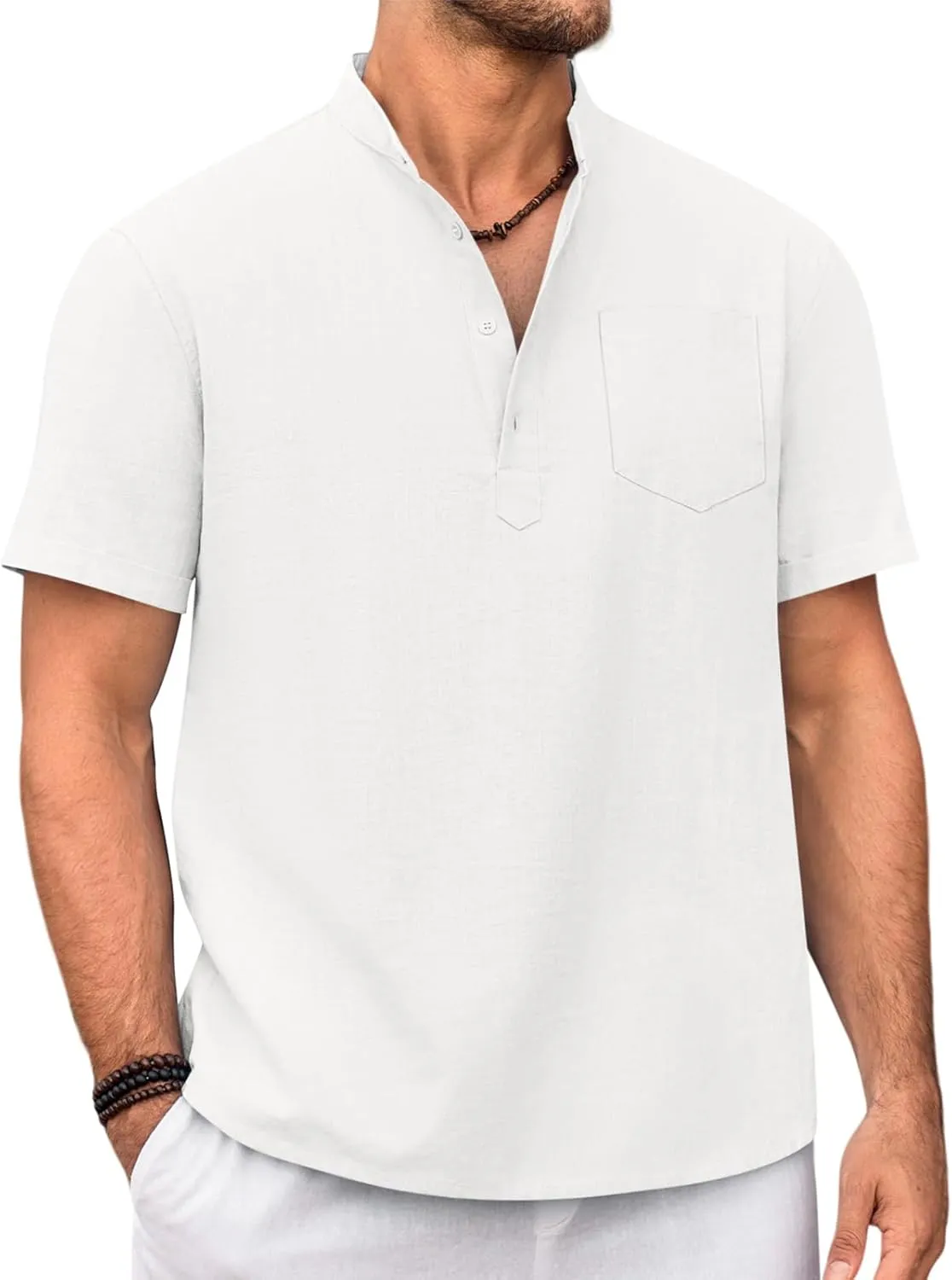 Beotyshow Men 100% Cotton Linen Henley Shirt Casual Short Sleeve Summer T Shirt Pocket Button Tee Top Beach Hippie Shirt