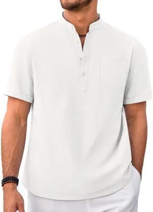 Beotyshow Men 100% Cotton Linen Henley Shirt Casual Short Sleeve Summer T Shirt Pocket Button Tee Top Beach Hippie Shirt