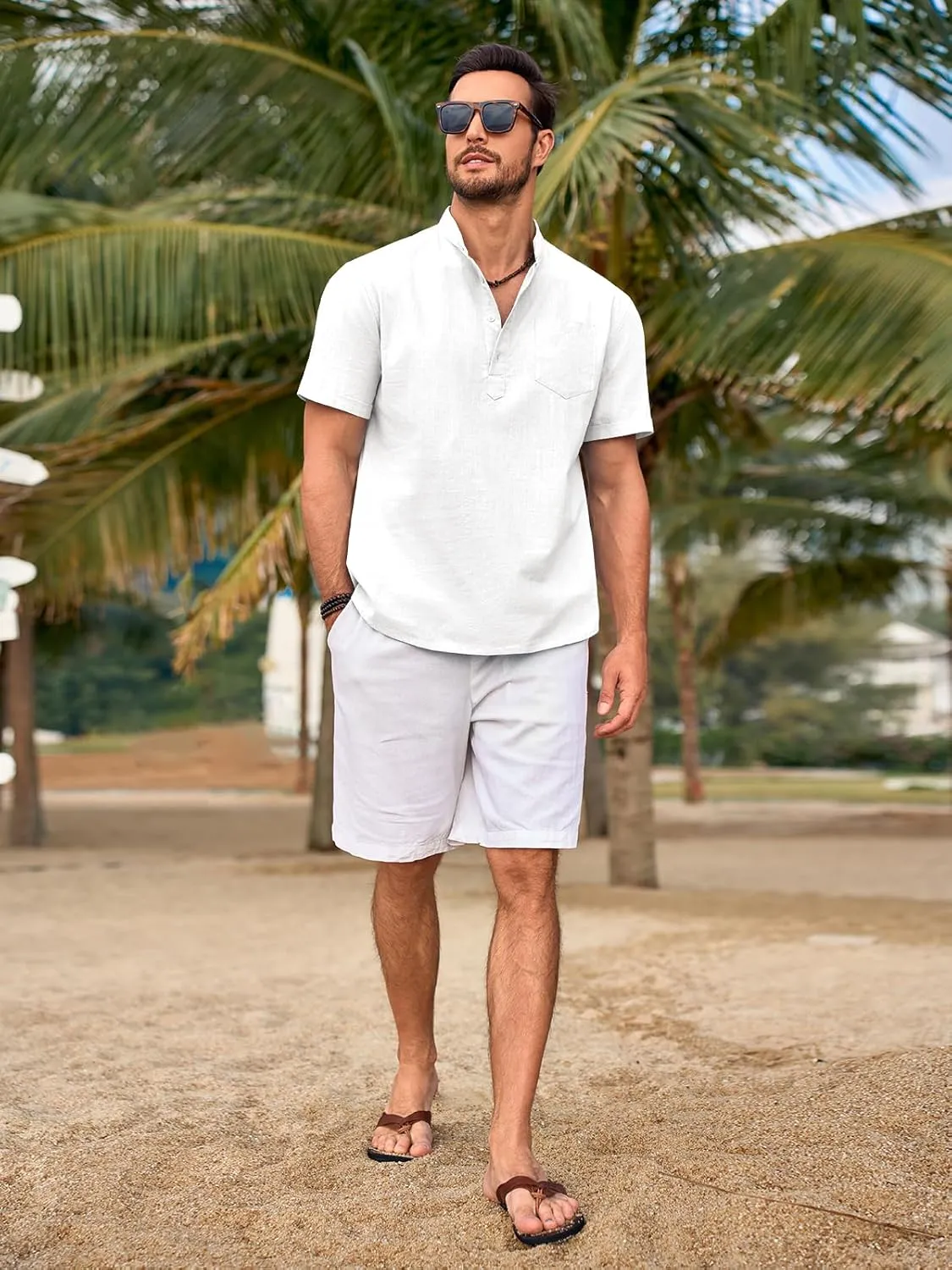 Beotyshow Men 100% Cotton Linen Henley Shirt Casual Short Sleeve Summer T Shirt Pocket Button Tee Top Beach Hippie Shirt