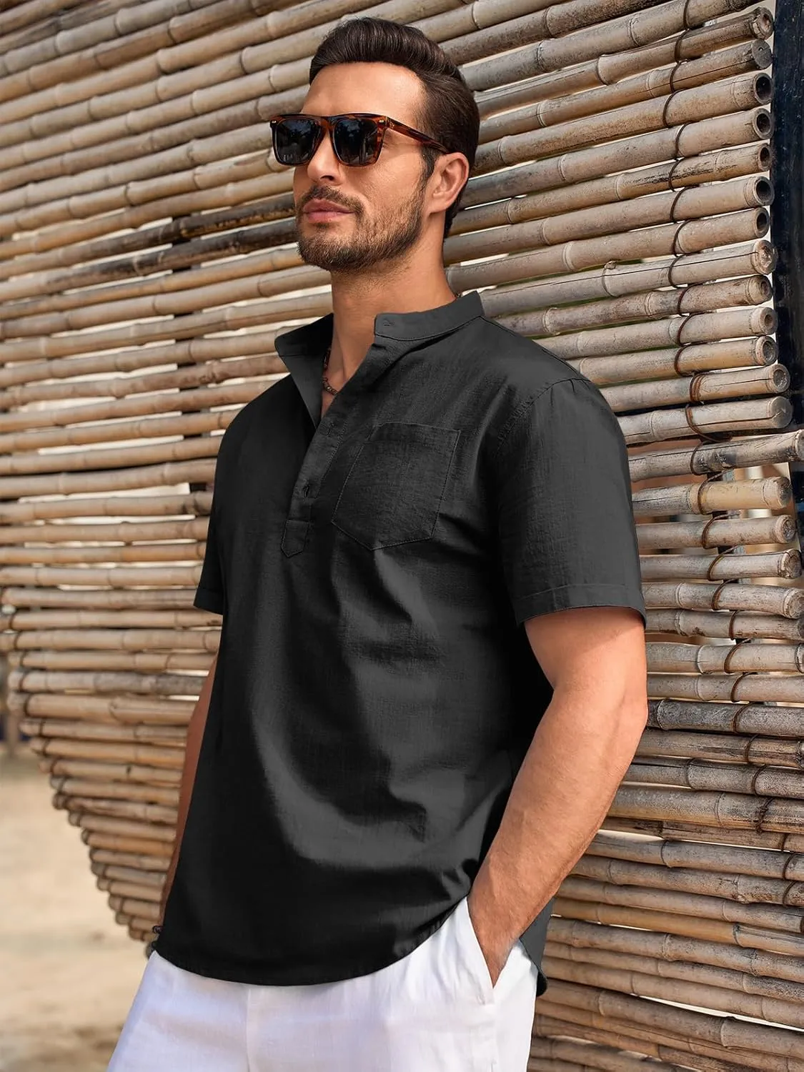 Beotyshow Men 100% Cotton Linen Henley Shirt Casual Short Sleeve Summer T Shirt Pocket Button Tee Top Beach Hippie Shirt